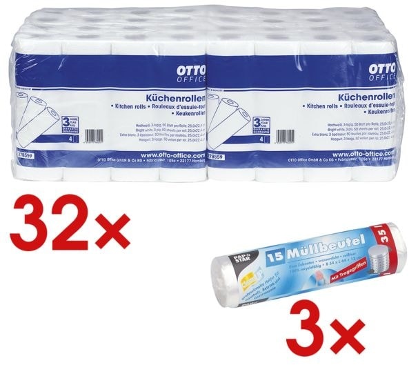 Küchenrollen 3-lagig, 32 Rollen (8 Pack à 4 Rollen) inkl. 45 Müllbeutel (3 Rolle weiß, OTTO Office, 25.2 cm