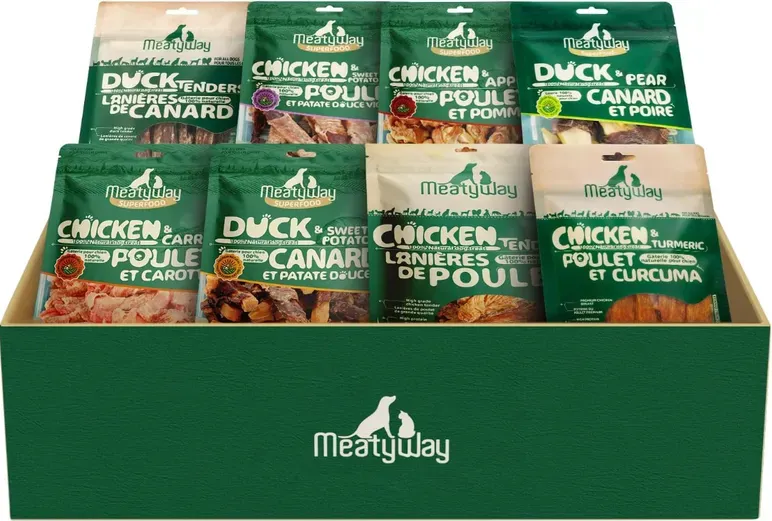 MeatyWay Natural Delight Box, 8 Geschmacksrichtungen (insgesamt 8 Packungen): Hähnchen-Jerky 100 g, Enten-Jerky 100 g, Hähnchen-Jerky mit Kurkuma 100 g, Hähnchen- & Süßkartoffelröllchen 100 g, Hähnchen- & Apfelkuchen (Snack) 100 g, Hähnchen- & Karottenröllchen 100 g, Enten- & Süßkartoffelröllchen 100 g, Enten- & Birnenröllchen 100 g