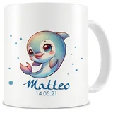 Samunshi® Kindertasse mit Namen Tasse mit Süßer Delfin Personalisierte Tasse mit Namen Kinder Kinderbecher mit Namen für Kindergarten oder Geburtstag weiß 300ml