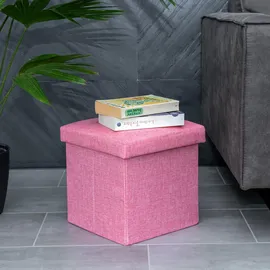 Intirilife Faltbarer Sitzhocker 30x30x30 cm in KIRSCHBLÜTEN PINK - Sitzwürfel mit Stauraum und Deckel aus Stoff in Leinen Optik - Sitzcube Fußablage Aufbewahrungsbox Truhe Sitzbank
