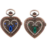 JewelryWe 2pcs Taschenuhr Damen Vintage Analog Quarz Herz Blau/Grün Strass Augen Blumen Muster Uhr mit Halskette Kette Pocket Watch