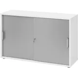 bümö Schiebetürenschrank 2OH - Aktenschrank abschließbar, Sideboard Schrank mit Schiebetüren in Weiß/Silber, Chromgriff - Büroschrank aus Holz mit