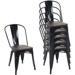 6er-Set Stuhl MCW-A73 inkl. Holz-Sitzfläche, Bistrostuhl Stapelstuhl, Metall Industriedesign stapelbar ~ schwarz