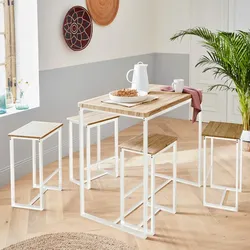Bartisch im Set LOFT mit 4 Barhockern, Stahl und Holzoptik, verstaubar