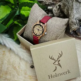 Holzwerk Germany Handgefertigte kleine Damen Holz Uhr mit Leder Armband in rot, Braun