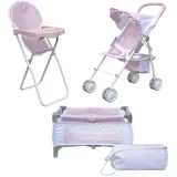 Olivias Little World 3-in-1-Puppen-Kinderwagen, Puppenhochstuhl und Kinderbett-Set Rosa OL-00014