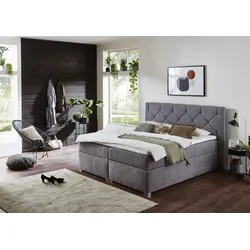 Boxbett "Meike", grau, B:220cm L:207cm, Bezug Bett: Strukturstoff (100% PES), Taschen-Federkernmatratze: Strukturstoff 100% PES; Jersey (100% PES), Topper: Jersey 100% PES, ATLANTIC HOME COLLECTION, Komplettbetten, Boxspringbett, mit XXL-Bettkasten und Topper