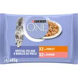 PURINA ONE Fell & Kugeln aus angeschrägten Borsten in Sauce, Verschiedene Aromen, Huhn und Lachs, Mahlzeitenbeutel für ausgewachsene Katzen, 4 x 85 g, 12 Stück