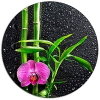 Wallario Sichtschutzzaunmatten Bambus und pinke Orchidee auf schwarzem Glas mit Regentropfen, rund schwarz 120 cm x 120 cm