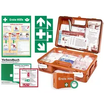WM-Teamsport Erste Hilfe Kasten -Komplettpaket- aktuelle DIN/EN 13157 für BÜRO & BETRIEBE inkl. DIN/EN 13164 für KFZ - INKL. 1. Hilfe AUFKLEBER & AUSHANG + Verbandbuch (Perforierte Seiten)