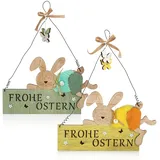 COM-FOUR® 2x Türschild "FROHE OSTERN" - Deko-Schild aus Holz für Ostern - Osterdeko mit Osterhase - Hänge-Deko für Haustüren, Wände, Fenster (rosa/grün - 02 Stück)