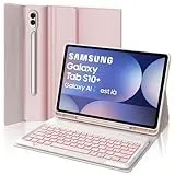 Tastatur für Samsung Galaxy Tab S10+/S9FE+/S9+, Hülle Tastatur Kompatibel mit Samsung Tab S9/S9FE/S10 Plus 12.4 Zoll 2023/2024, 7-Farbige Beleuchtung Bluetooth Magnetisch mit QWERTZ Layout, Rosa