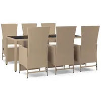 vidaXL 7-tlg. Garten-Essgruppe mit Kissen Beige Poly Rattan