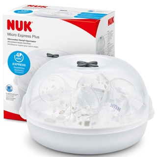 NUK Micro Express Plus Mikrowellen-Sterilisator für Flaschen|sterilisiert bis zu 4 Babyflaschen plus Zubehör in 4 Minuten|passt in die meisten Mikrowellen|inklusive Flaschenzange zum hygienischen Entnehmen