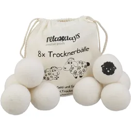 Relaxdays Trocknerbälle 8er Set, Schafwolle, Trocknerkugeln für Wäschetrockner, umweltschonend, schnelles Trocknen, weiß
