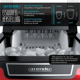 Arendo Eiswürfelmaschine, Ice Cube Maker, Wassertank 1,8 Liter, 12 bis 15 kg Eiswürfel in 24h, leise, Rot