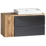 Lomadox Waschtisch mit Keramik-Aufsatzbecken links, Wotan Eiche Nb. mit grau matt, 105cm