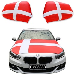 Sonia Originelli Fahne Fanset „Dänemark“ Denmark Fußball Motorhaube Außenspiegel Flagge, für alle gängigen PKW Modelle, Motorhauben Flagge: ca. 115 x 150cm
