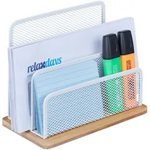 Relaxdays Briefhalter, Metall & Bambus, 3 Fächer, HBT: 15x18,5x10 cm, Schreibtisch Briefablage, Briefständer, weiß/natur