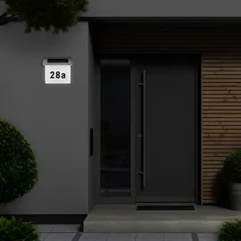 Melitec Solar-Hausnummer SH01 moderne LED-beleuchtete Hausnummer für außen, wasserdicht, aus Edelstahl, kabellose Solar-Hausnummernleuchte | Weiß/Silber