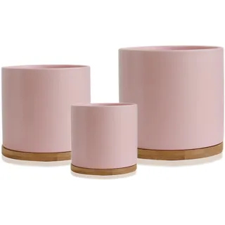 Olly & Rose Set mit 3 Keramik-Blumentöpfen mit Bambus-Untersetzern, Pastellrosa, für den Innenbereich, Keramik-Blumentöpfe, Behälter, für den Außenbereich, groß, mittel, klein mit Untersetzern