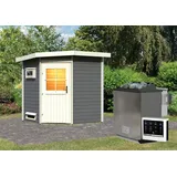 Karibu Saunahaus Außensauna Gartensauna Pekka mit Eckeinstieg terragrau lackiert Ofen 9 kWexterne Strg easy 38mm Massivholz 196x196x226 cm mit Cla...