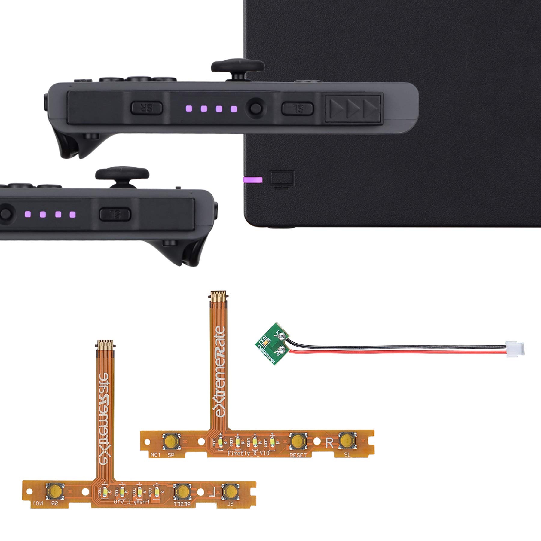 eXtremeRate Firefly LED Strips Kit Ersatzteile für Nintendo Switch Joycons&Switch Dock,NS Joy Con SL SR Tasten Ribbon Flex Kable LED Anzeige Leuchte Power-LED(Violett)-Joycons Dock Nicht enthalten