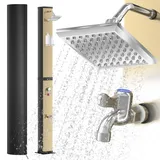 AufuN Solardusche Gartendusche 40L mit Chrom & Edelstahl, Warmwasser bis 60°C ohne Strom, 15cm Duschkopf, Fußdusche, Gartenschlauch-Anschluss, Schutzhaube & Montageset, ideal für Pool & Camping, Gold
