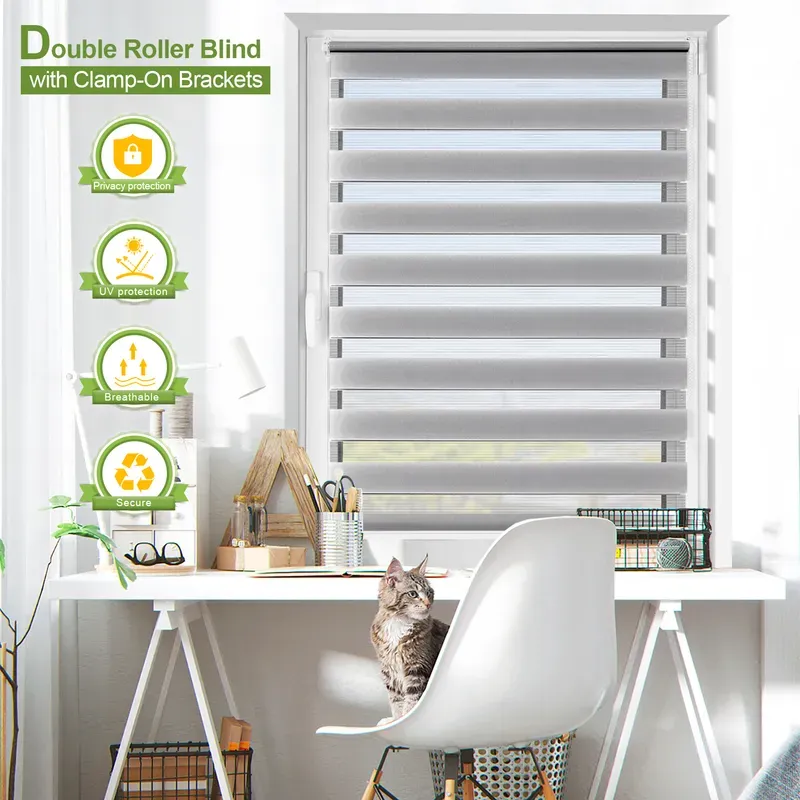 EcoHue DuoRollo Klemmfix Doppel-Jalousie, keine Bohrung erforderlich, inkl. Klemmhaltern, für Fenster und Türen, hellgrau, W 90 cm x H 150 cm, 1 Stück