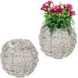 Relaxdays Blumentopf, 2er Set, Rattan, Pflanzentöpfe mit Folie, HxD: 17 x 20 cm, runde Pflanzkörbe für innen, weiß/Natur