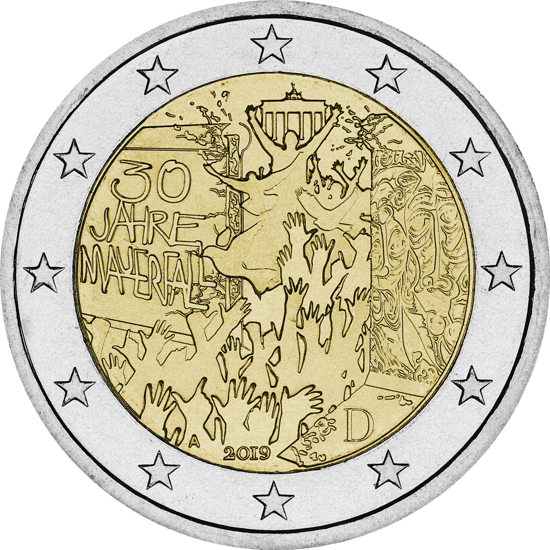 2 Euro 2019 "Der Mauerfall" in der Miniatur eines Segments der Berliner Mauer