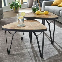 Kadima Design Massivholz-Metall Couchtisch Set, Industrie-Design, Platzsparend. 60x60x45 cm