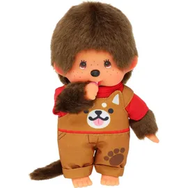 Sekiguchi 203864 - Original Monchhichi Junge mit Latzhose und Shiba Inu Motiv, ca. 20 cm großes Kuscheltier aus braunem Plüsch