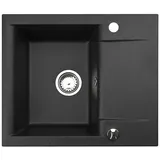 Manestein Spülbecken, Küchenspüle Granit, Einbauspüle, Abtropffläche, Einzelbecken mit Siphon, Graphit - Schwarz Gesprenkelt