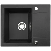 Manestein Spülbecken, Küchenspüle Granit, Einbauspüle, Abtropffläche, Einzelbecken mit Siphon, Graphit - Schwarz Gesprenkelt