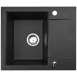 Manestein Spülbecken, Küchenspüle Granit, Einbauspüle, Abtropffläche, Einzelbecken mit Siphon, Graphit - Schwarz Gesprenkelt