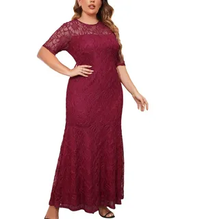 Dyhxuan Abendkleid Lang Damen Spitze Patchwork Ballkleid 5XL Siebenteilige Ärmel Rundhals Partykleid Einfarbige Hohe Taille Cocktailkleid Abiballkleid Knöchellang Maxikleid Brautjungfern Kleider - 5XL