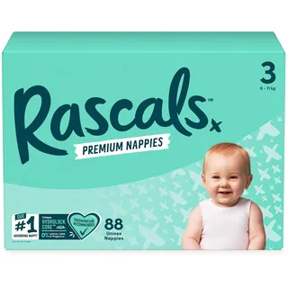 Rascals Premium Babywindeln – bequeme und auslaufsichere Windel für Babys von 6–11 kg – weiche und sanfte Windeln Größe 3 – Jumbo-Box (88 Stück)