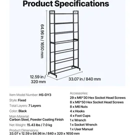Vevor Filament Lagerregal für 3D-Drucker, 7 Ebenen, Filamentspulenhalter, 840 x 320 x 1650 mm, Tragkraft 54,4 kg pro Ebene, 3D-Druckerzubehör für 3D-Druckstudio, Werkstatt, Schwarz