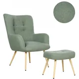 Beliani Ohrensessel Vejle Bouclé 70 x 100 x 80 cm Hellgrün mit Hocker