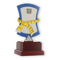 Pokal Resinfigur Waage blau-grau-gelb auf mahagonifarbenen Holzsockel 20,0cm
