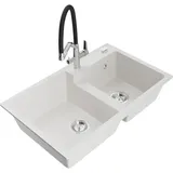 Mexen Tomas Granitspüle 2-Kammer mit Mischbatterie Duo, weiß - 6516-20-671701-07