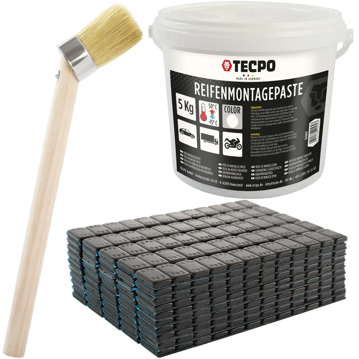 TECPO Reifenmontagepaste weiß 5 kg + Pinsel + 600x Klebegewichte black