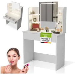 Juskys Schminktisch Zoey mit Touch-LED-Spiegel & Stauraum, moderne Design mit Schublade – Weiß