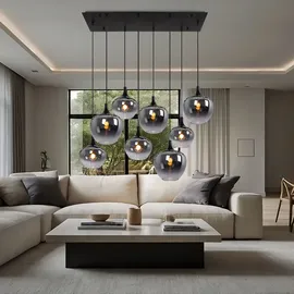 GLOBO Pendellampe Hängeleuchte Wohnzimmer Pendelleuchte Wohnzimmer Esstischleuchte rauch Glasschirm, Metall schwarz, Fassungen 8x E27, Lxbxh 105x45x120 cm