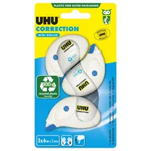UHU Korrekturroller Mini – schnelles, sauberes und präzises Korrekturband, 6 m x 5 mm, 3 Stück