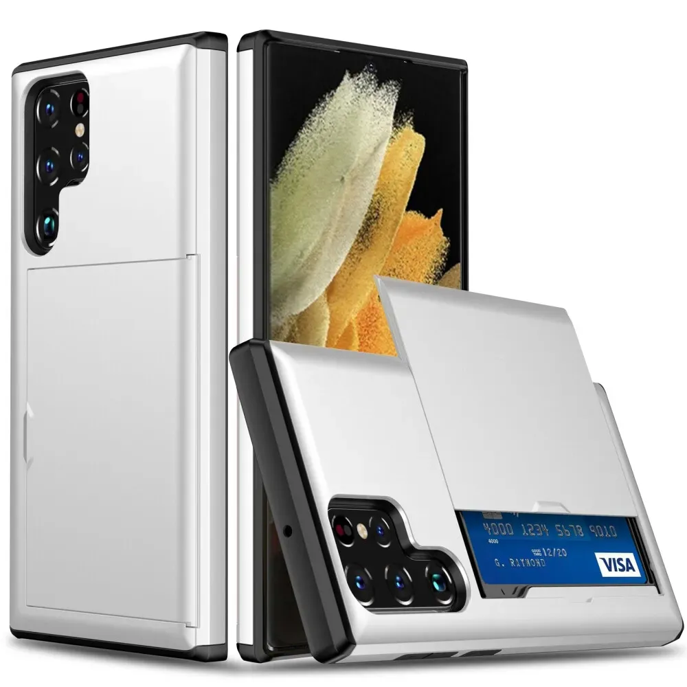 Schutzhülle für Samsung Galaxy S22 Ultra Weiß Handyhülle Schutztasche Case Cover Tasche Transparent Smartphone Bumper (Kartensteckplatz-Kreditkarte-Geldscheine)