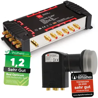 RED OPTICUM 5/12 Multischalter Set mit Quattro LNB - SAT Verteiler für 12Teilnehmer / 1 Satelliten kompatibel Digital Multiswitch Matrix für HD 4K Sat Anlagen TV (Test = SEHR GUT)
