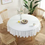 Lanqinglv Tischdecke Rund 100 cm Abwaschbar Einfarbig Baumwolle Tischdecke Hochzeit Weiß mit Rüsche Dekoration Vintage Tischtuch Garten Outdoor Weiss (R100,WT)
