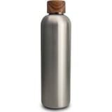 T&N Edelstahl Trinkflasche 1 Liter, Thermosflasche 1l mit Akazienholz Deckel, Isolierte Wasserflasche auslaufsicher bei Kohlensäure, Isolierflasche 1000ml - Silber